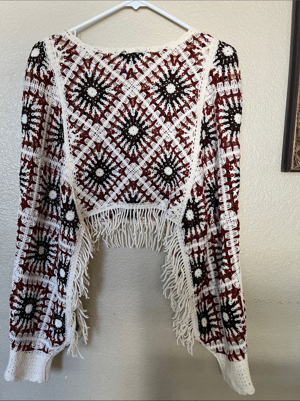 House of Harlow 1960 Blue and White Crochet Shrug Crop Top with Fringe